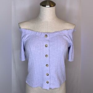 Hyped unicorn periwinkle purple off shoulder top ribbed style tee with stretch L